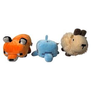 Minecraft fox, dolphin, and mountain goat plush stuffed toys